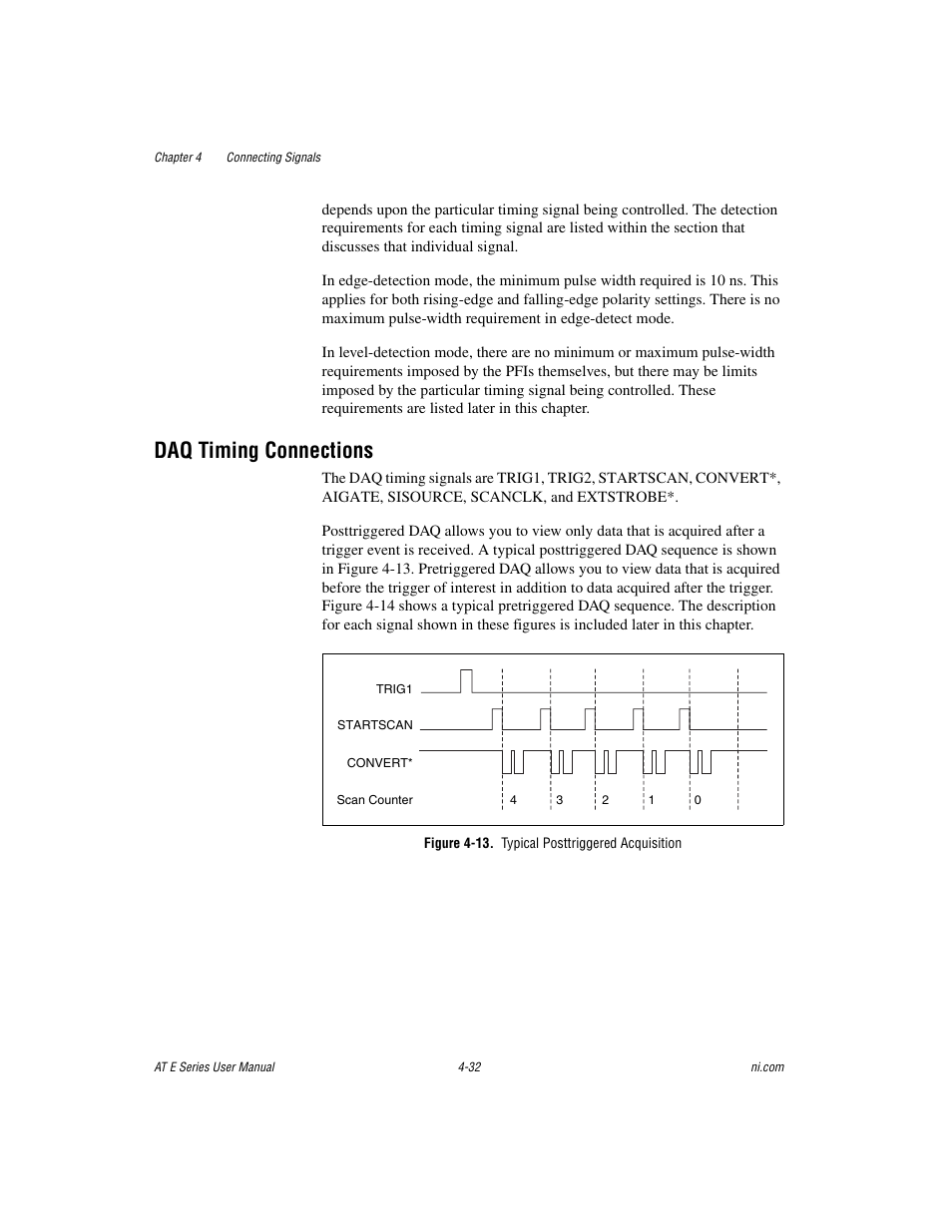 Daq timing connections, Figure 4-13. typical posttriggered acquisition, Daq timing connections -32 | National Instruments AT E Series User Manual | Page 79 / 184