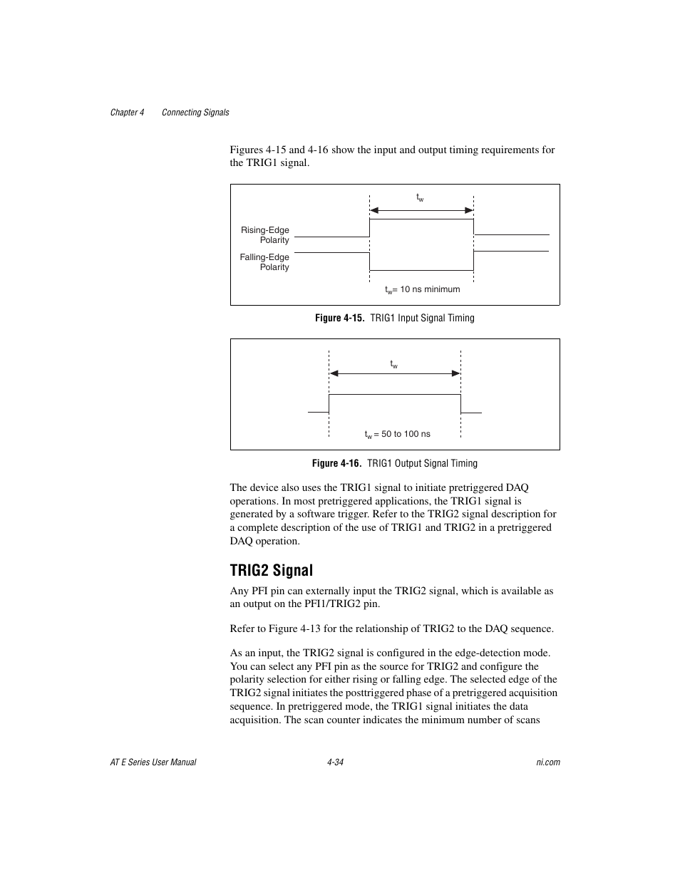 Figure 4-15. trig1 input signal timing, Figure 4-16. trig1 output signal timing, Trig2 signal | Trig2 signal -34 | National Instruments AT E Series User Manual | Page 81 / 184