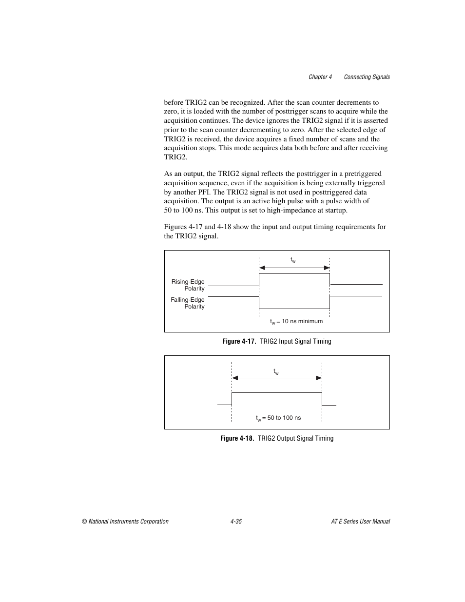 Figure 4-17. trig2 input signal timing, Figure 4-18. trig2 output signal timing | National Instruments AT E Series User Manual | Page 82 / 184