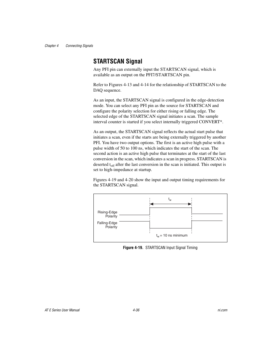 Startscan signal, Figure 4-19. startscan input signal timing, Startscan signal -36 | National Instruments AT E Series User Manual | Page 83 / 184