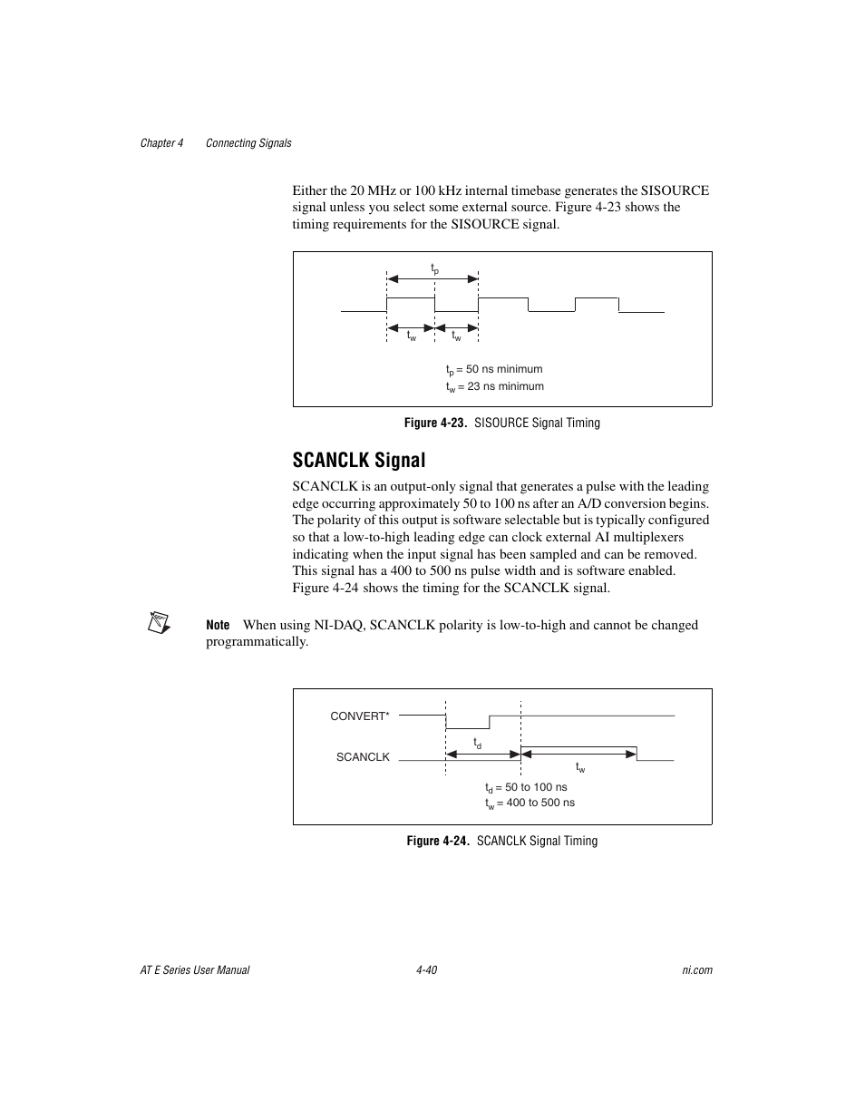 Figure 4-23. sisource signal timing, Scanclk signal, Figure 4-24. scanclk signal timing | Scanclk signal -40 | National Instruments AT E Series User Manual | Page 87 / 184