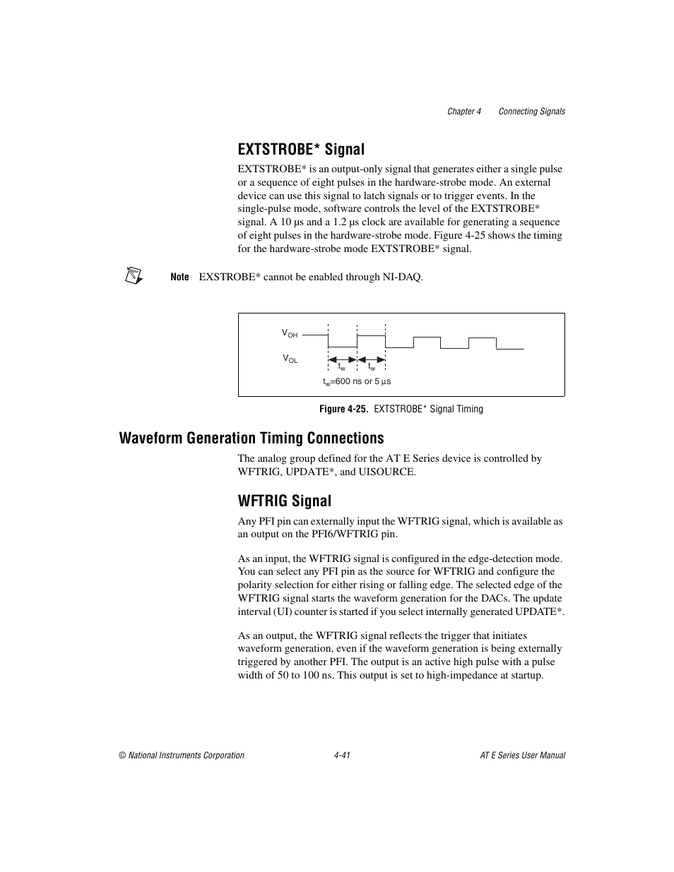 Extstrobe* signal, Figure 4-25. extstrobe* signal timing, Waveform generation timing connections | Wftrig signal, Extstrobe* signal -41, Waveform generation timing connections -41, Wftrig signal -41 | National Instruments AT E Series User Manual | Page 88 / 184