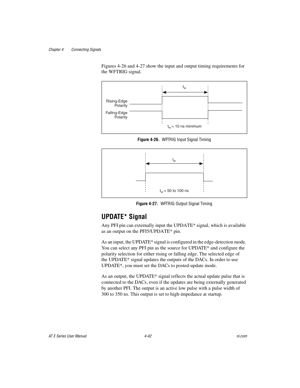 Figure 4-26. wftrig input signal timing, Figure 4-27. wftrig output signal timing, Update* signal | Update* signal -42 | National Instruments AT E Series User Manual | Page 89 / 184