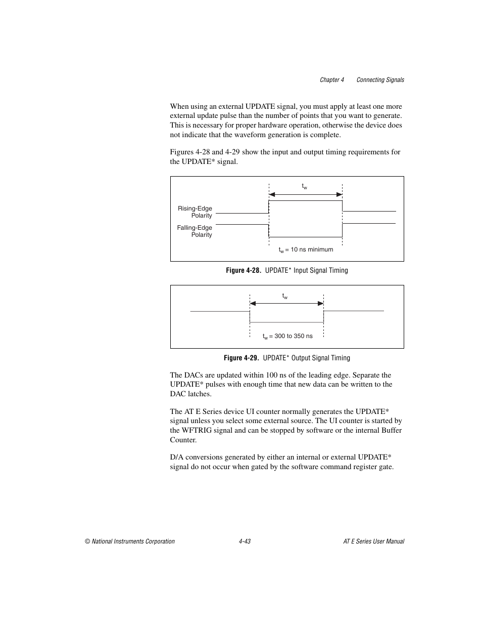 Figure 4-28. update* input signal timing, Figure 4-29. update* output signal timing | National Instruments AT E Series User Manual | Page 90 / 184