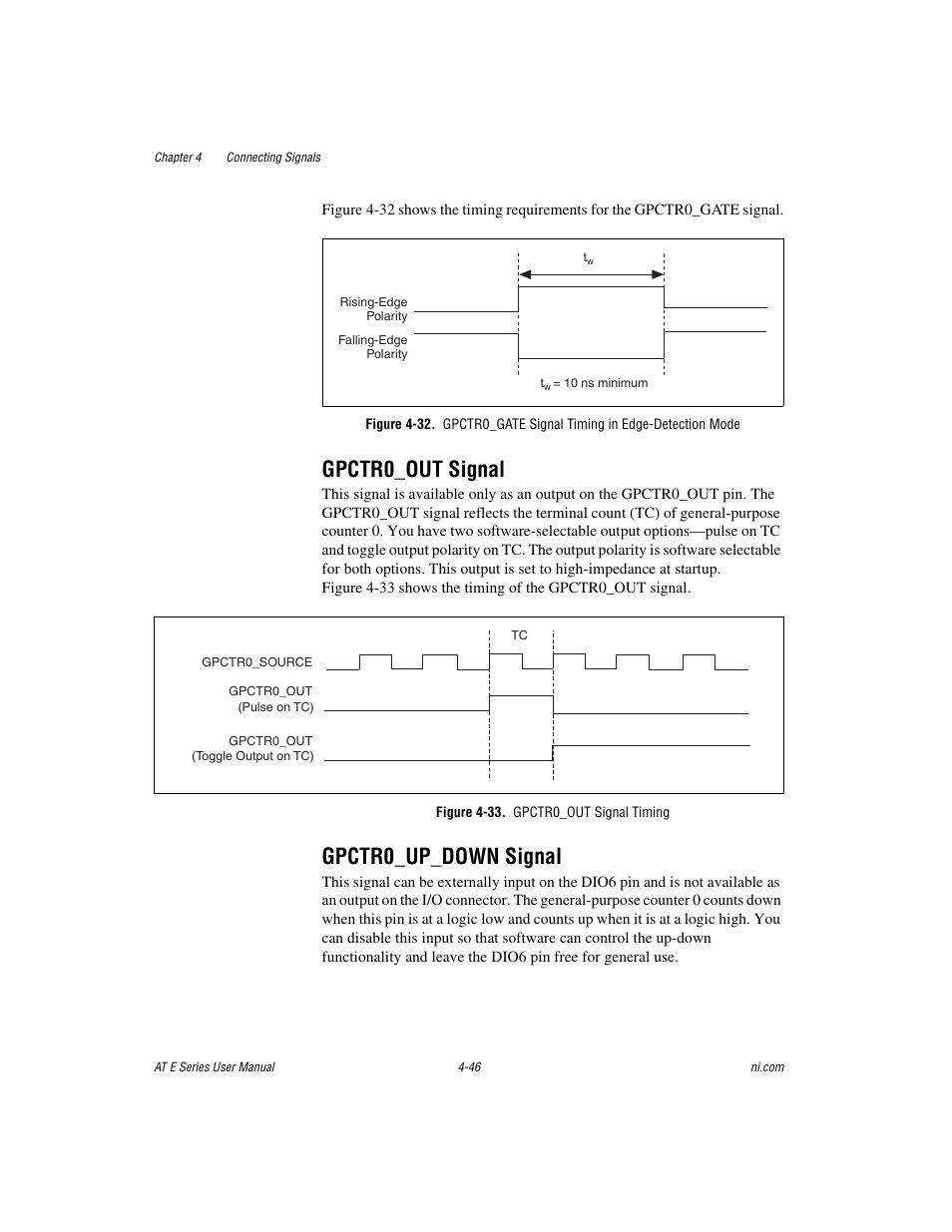 Gpctr0_out signal, Figure 4-33. gpctr0_out signal timing, Gpctr0_up_down signal | Gpctr0_out signal -46 gpctr0_up_down signal -46 | National Instruments AT E Series User Manual | Page 93 / 184