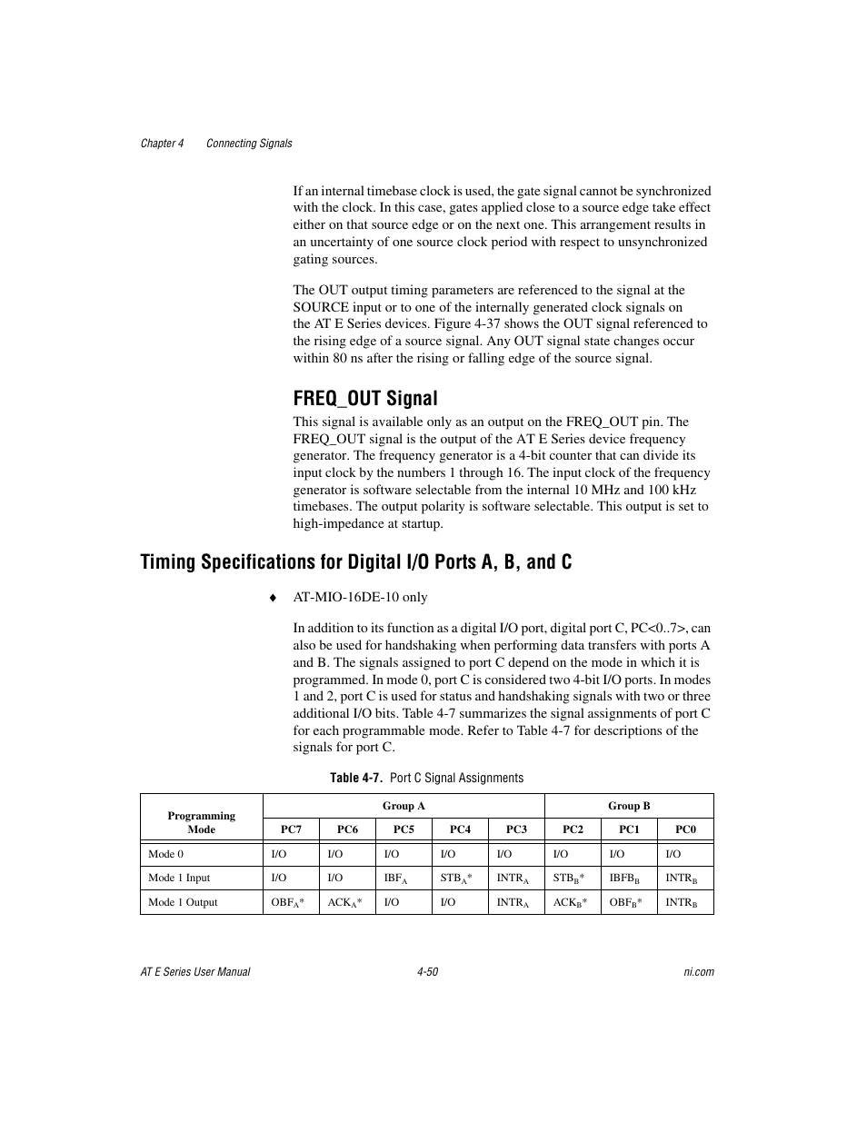Freq_out signal, Table 4-7. port c signal assignments, Freq_out signal -50 | National Instruments AT E Series User Manual | Page 97 / 184