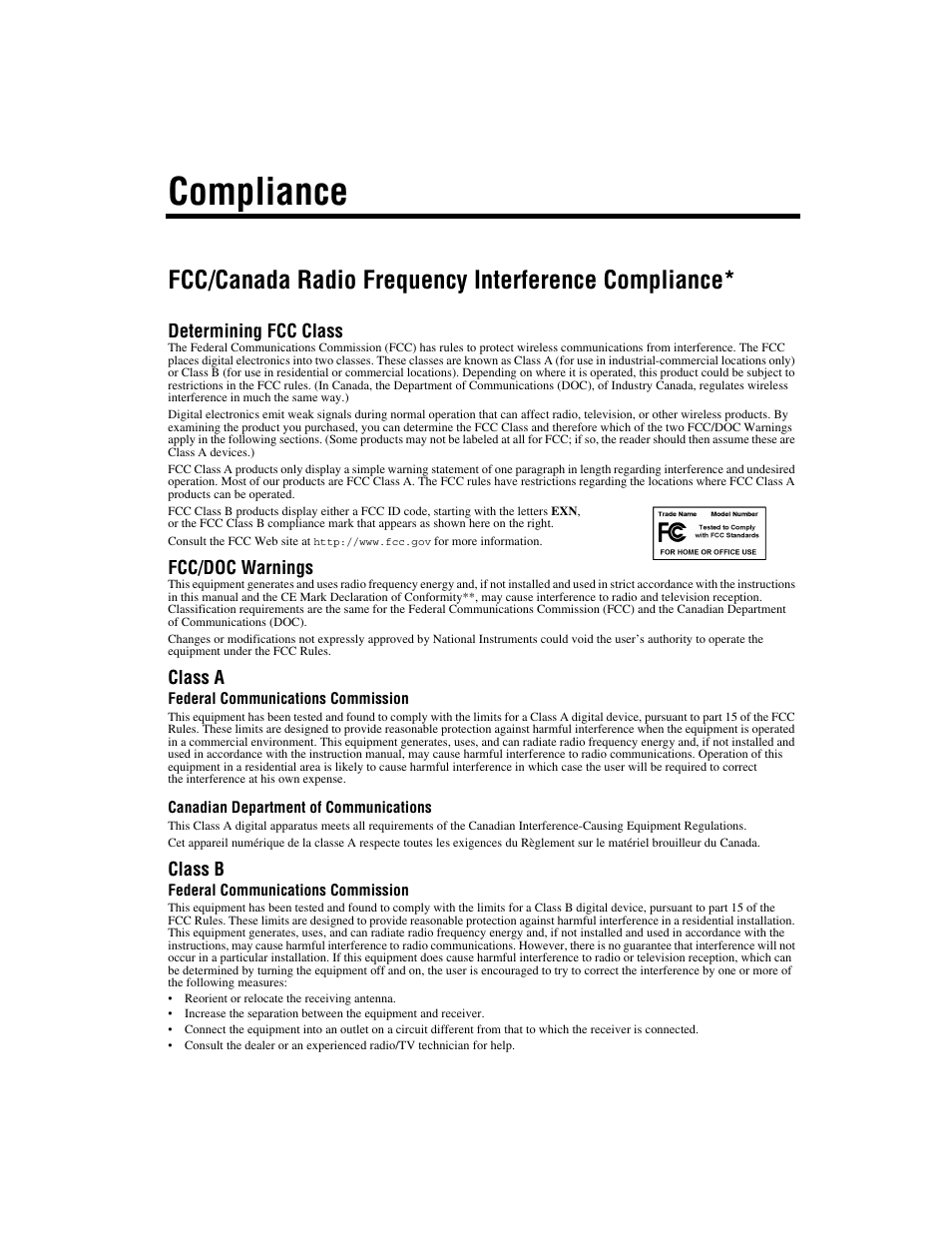 Compliance, Fcc/canada radio frequency interference compliance, Determining fcc class | Fcc/doc warnings, Class a, Class b | National Instruments NI PXI-562X User Manual | Page 4 / 35