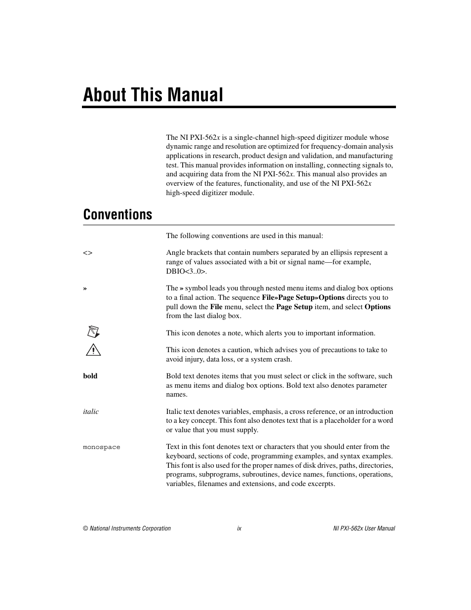 About this manual, Conventions | National Instruments NI PXI-562X User Manual | Page 7 / 35