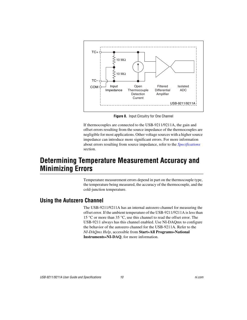 Figure 8. input circuitry for one channel, Using the autozero channel | National Instruments 9211 User Manual | Page 10 / 19