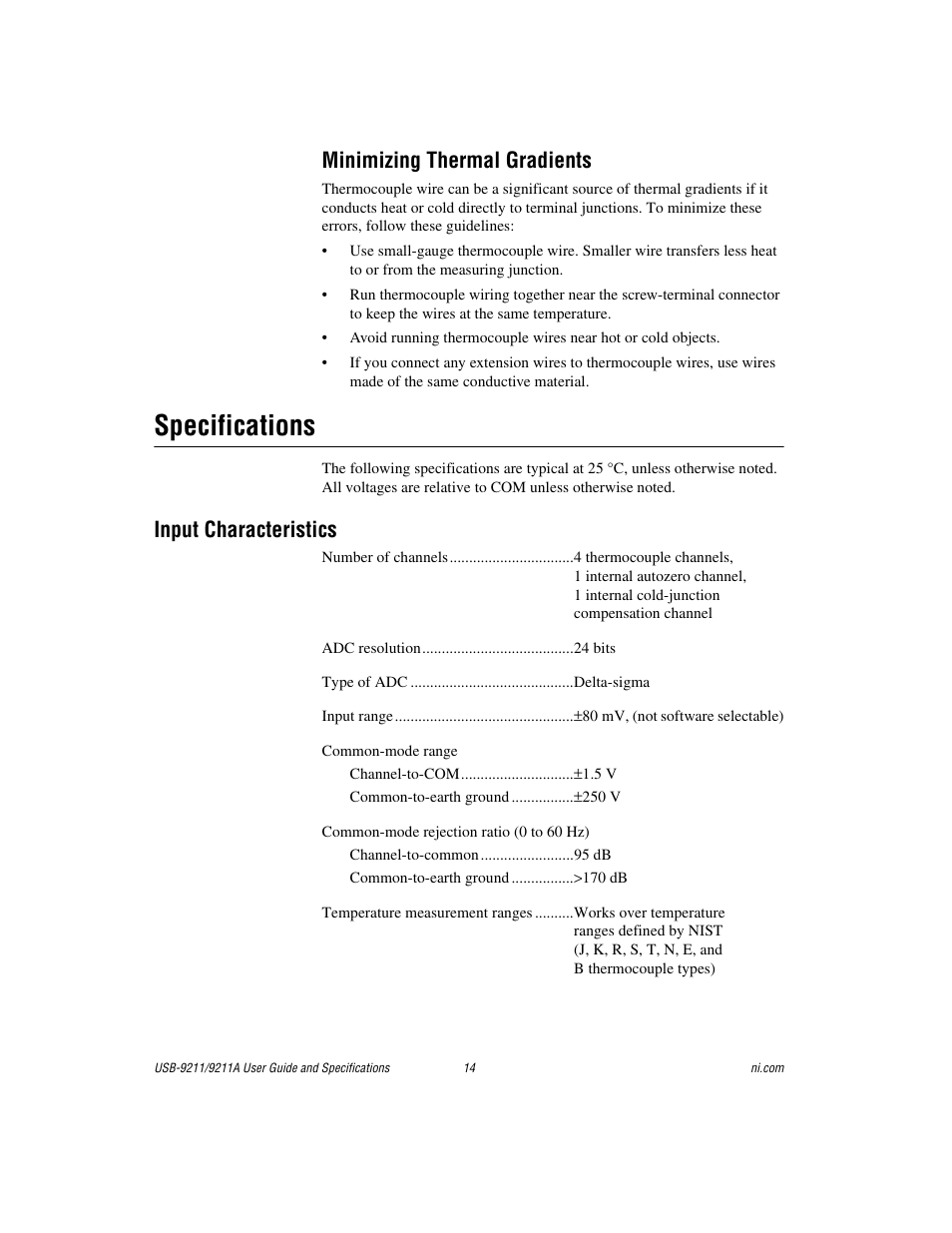 Minimizing thermal gradients, Specifications, Input characteristics | Sectio | National Instruments 9211 User Manual | Page 14 / 19