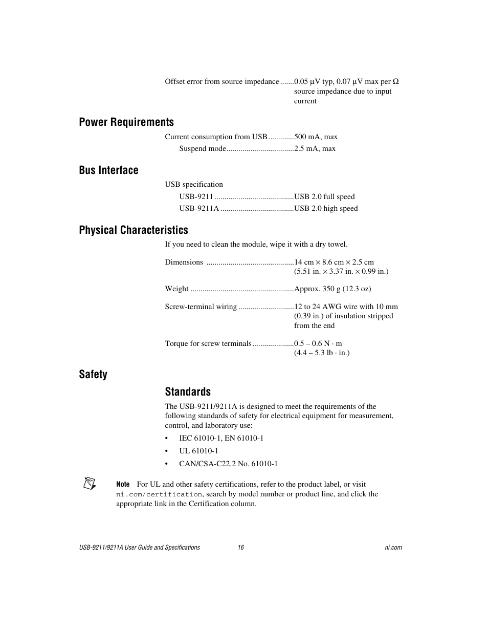 Power requirements, Bus interface, Physical characteristics | Safety, Standards, Safety standards | National Instruments 9211 User Manual | Page 16 / 19