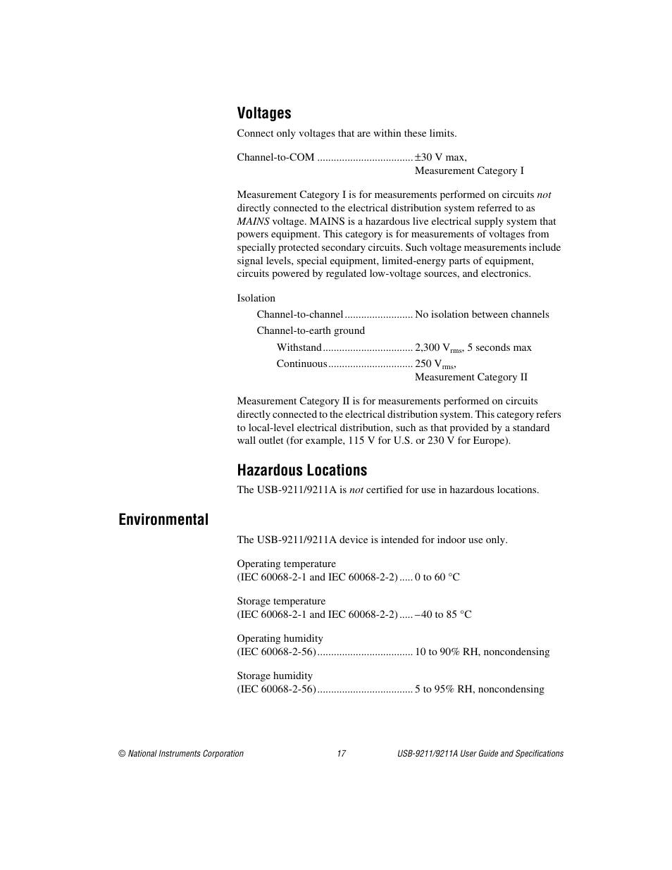 Voltages, Hazardous locations, Environmental | National Instruments 9211 User Manual | Page 17 / 19