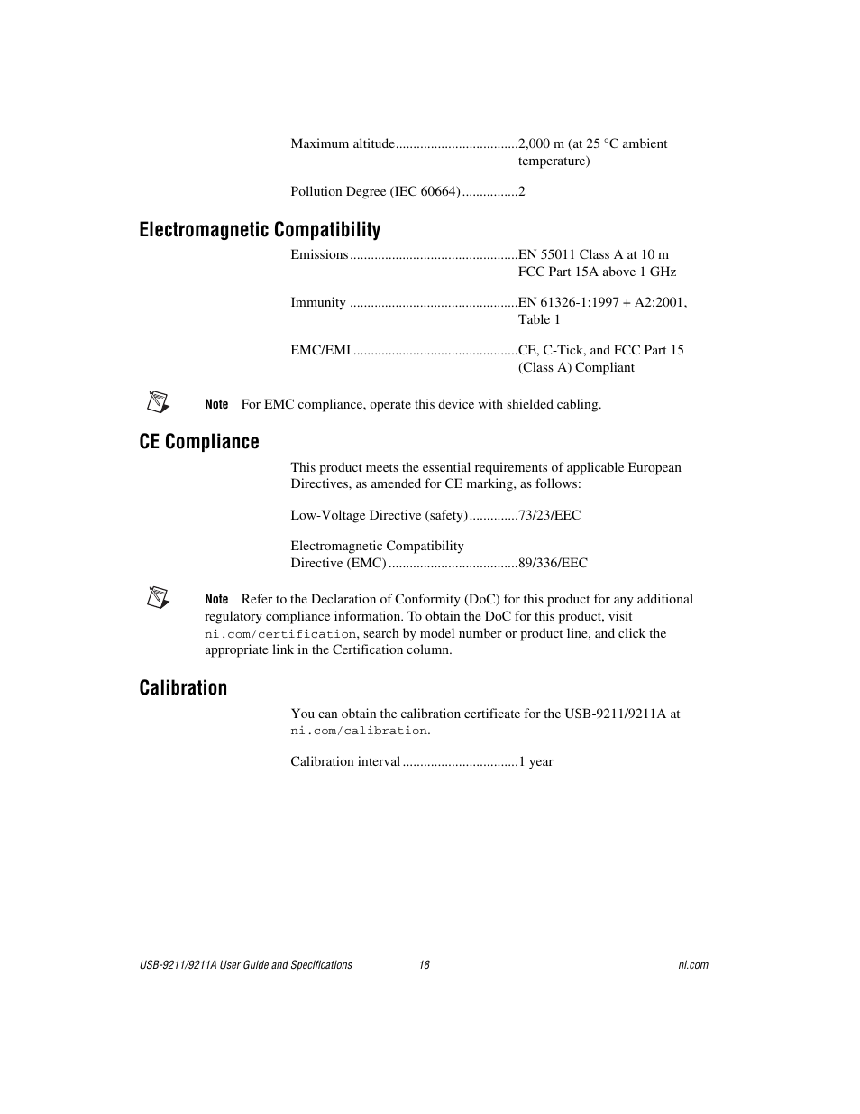 Electromagnetic compatibility, Ce compliance, Calibration | National Instruments 9211 User Manual | Page 18 / 19