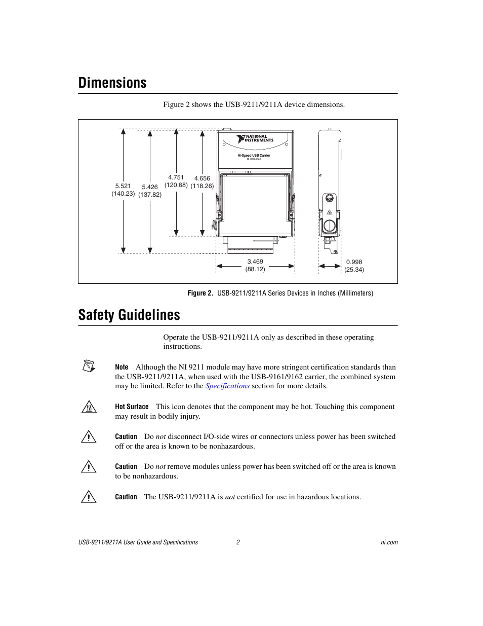 Dimensions, Safety guidelines | National Instruments 9211 User Manual | Page 2 / 19