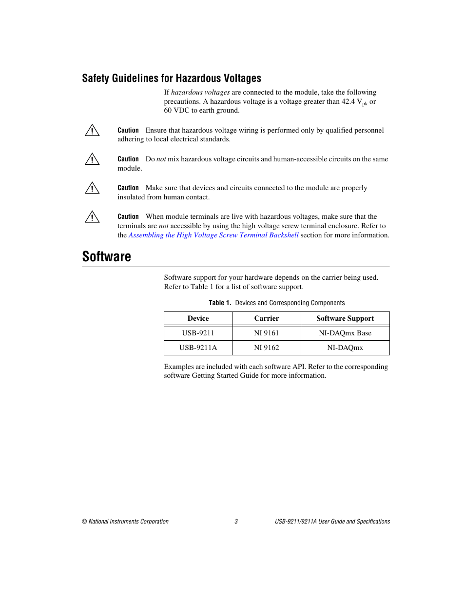 Safety guidelines for hazardous voltages, Software, Table 1. devices and corresponding components | National Instruments 9211 User Manual | Page 3 / 19