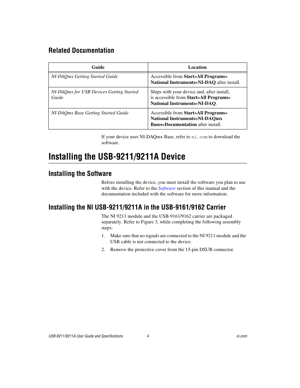 Related documentation, Installing the usb-9211/9211a device, Installing the software | National Instruments 9211 User Manual | Page 4 / 19