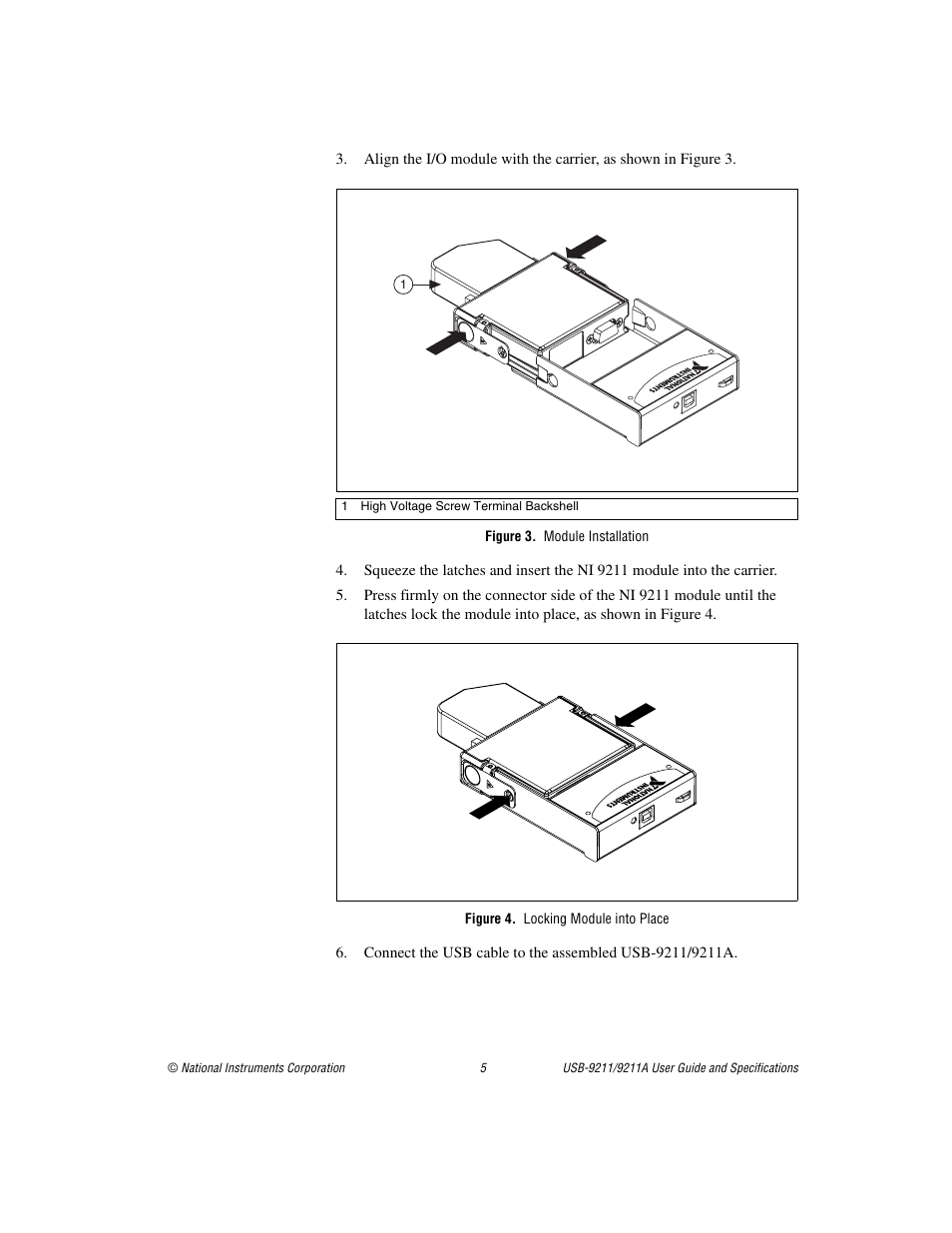 Figure 3. module installation, Figure 4. locking module into place | National Instruments 9211 User Manual | Page 5 / 19