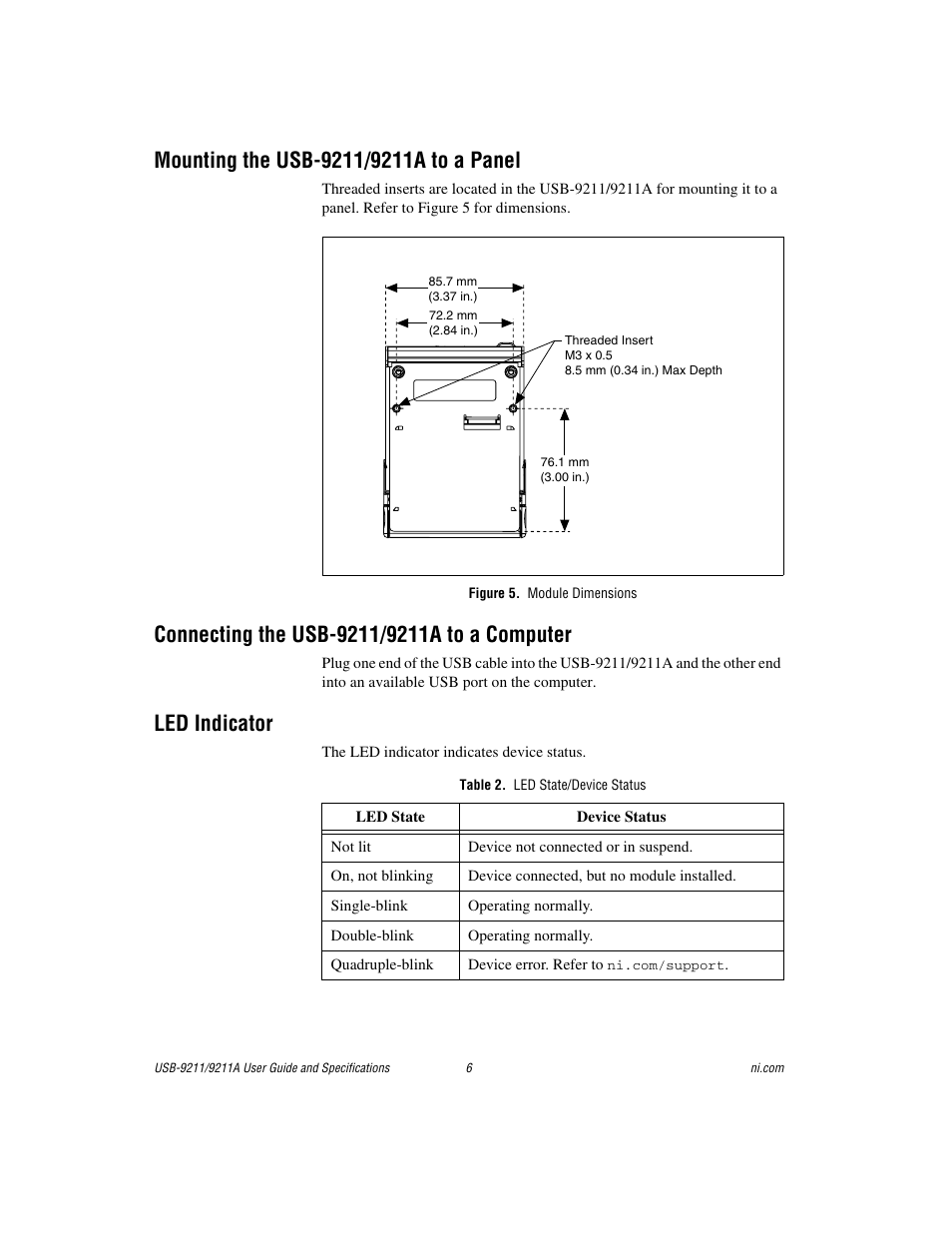 Mounting the usb-9211/9211a to a panel, Figure 5. module dimensions, Connecting the usb-9211/9211a to a computer | Led indicator, Table 2. led state/device status | National Instruments 9211 User Manual | Page 6 / 19