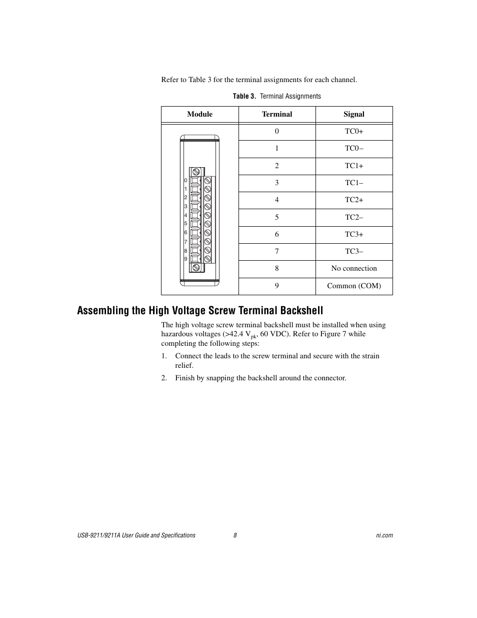 Table 3. terminal assignments, Sectio | National Instruments 9211 User Manual | Page 8 / 19