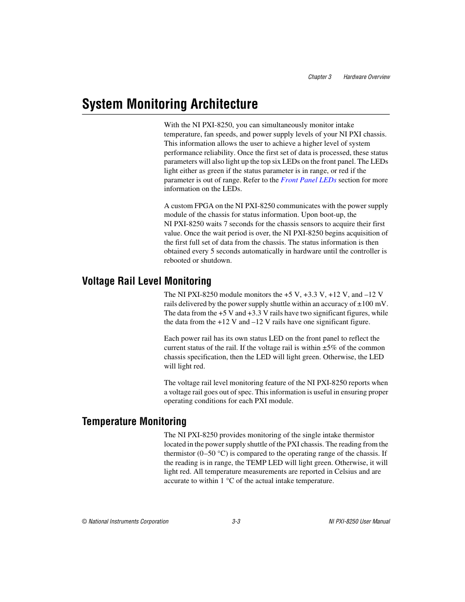 System monitoring architecture, Voltage rail level monitoring, Temperature monitoring | System monitoring architecture -3 | National Instruments Module NI PXI-8250 User Manual | Page 19 / 39