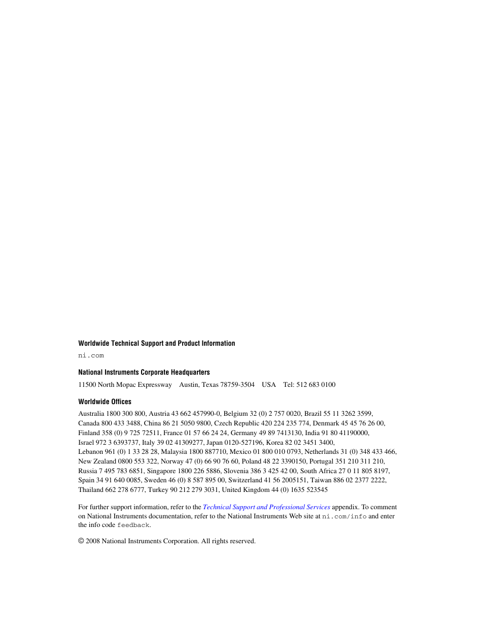 Support, National instruments corporate headquarters, Worldwide offices | National Instruments Module NI PXI-8250 User Manual | Page 2 / 39