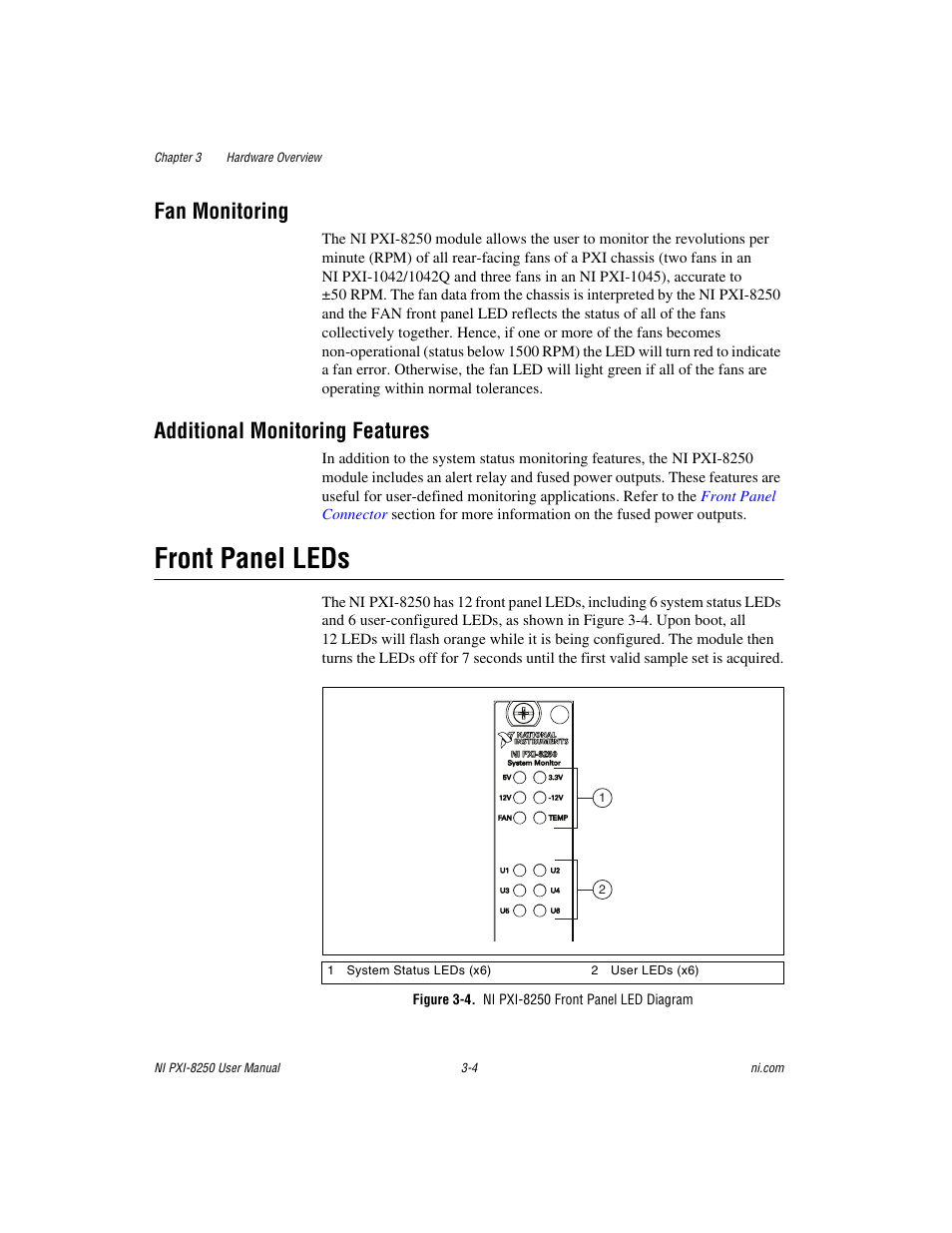 Fan monitoring, Additional monitoring features, Front panel leds | Figure 3-4. ni pxi-8250 front panel led diagram, Front panel leds -4 | National Instruments Module NI PXI-8250 User Manual | Page 20 / 39