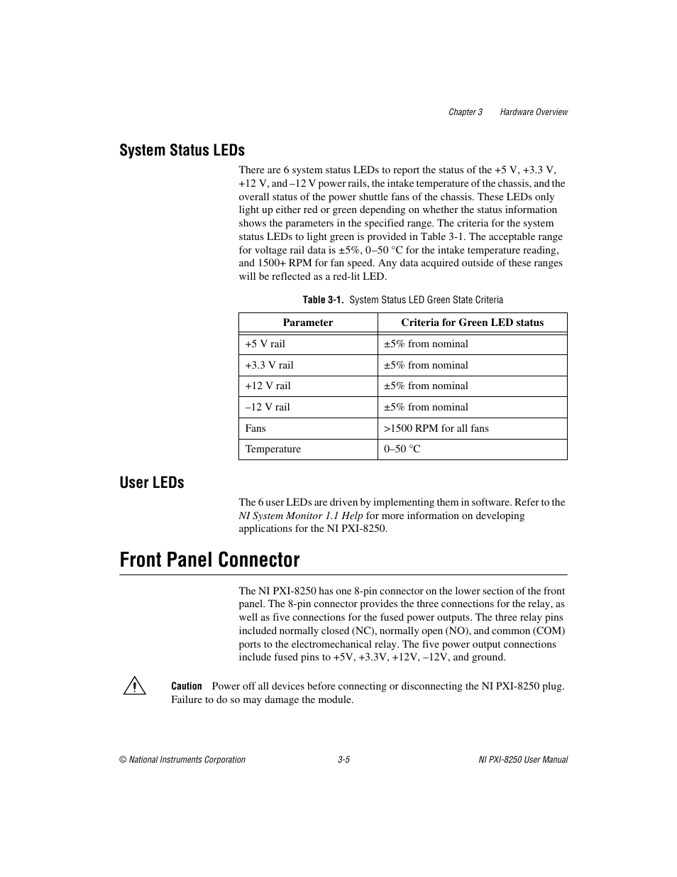 System status leds, Table 3-1. system status led green state criteria, User leds | Front panel connector, System status leds -5 user leds -5, Front panel connector -5, Front panel, Connector | National Instruments Module NI PXI-8250 User Manual | Page 21 / 39