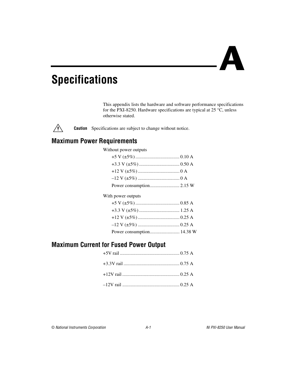 Appendix a specifications, Specifications | National Instruments Module NI PXI-8250 User Manual | Page 25 / 39