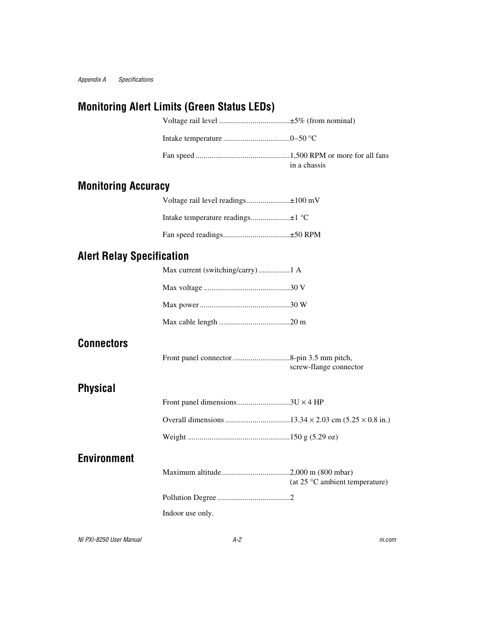 Monitoring alert limits (green status leds), Monitoring accuracy, Alert relay specification | Connectors, Physical, Environment | National Instruments Module NI PXI-8250 User Manual | Page 26 / 39