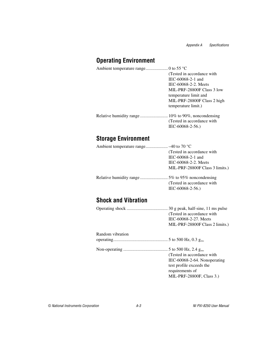 Operating environment, Storage environment, Shock and vibration | National Instruments Module NI PXI-8250 User Manual | Page 27 / 39