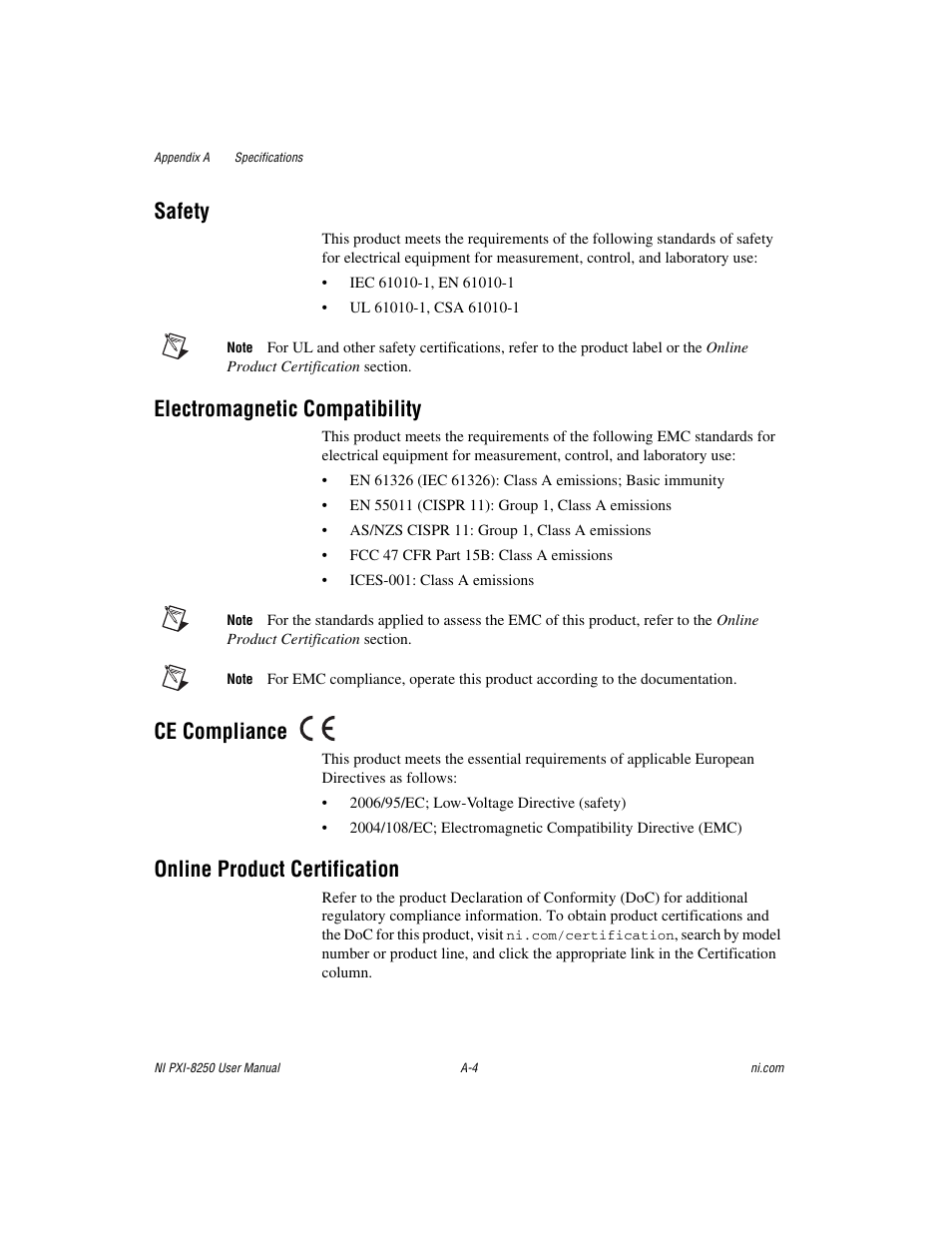 Safety, Electromagnetic compatibility, Ce compliance | Online product certification | National Instruments Module NI PXI-8250 User Manual | Page 28 / 39