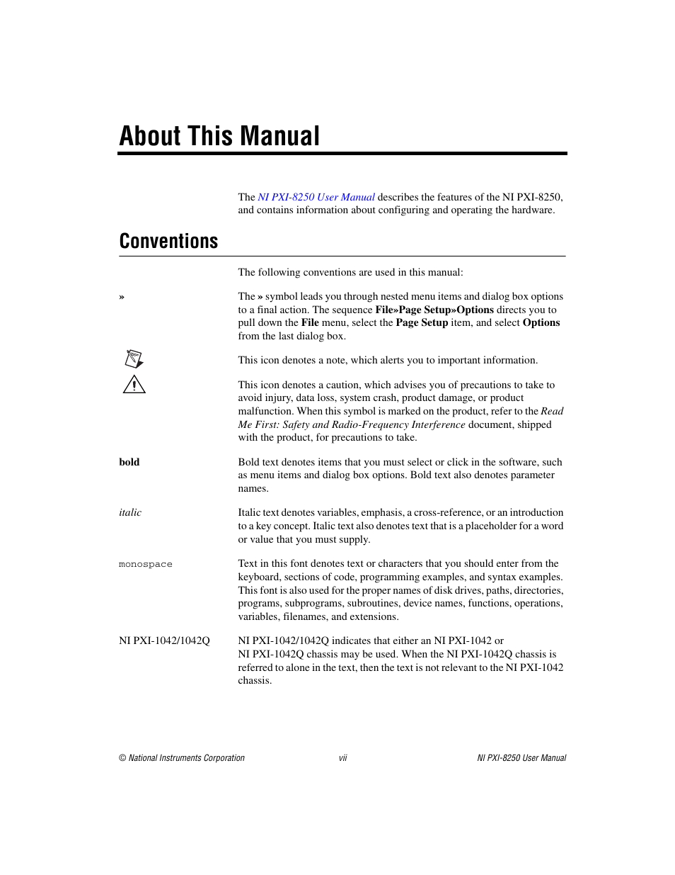About this manual, Conventions | National Instruments Module NI PXI-8250 User Manual | Page 6 / 39