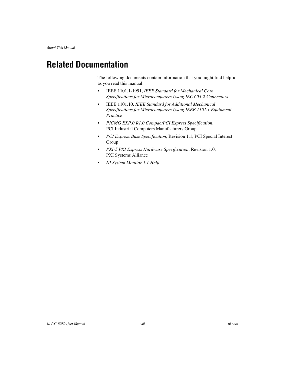 Related documentation | National Instruments Module NI PXI-8250 User Manual | Page 7 / 39