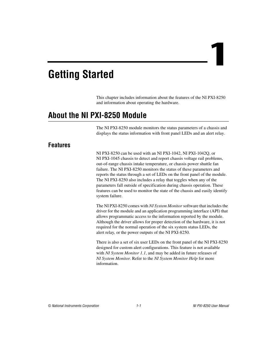 Chapter 1 getting started, About the ni pxi-8250 module, Features | About the ni pxi-8250 module -1, Features -1, Getting started | National Instruments Module NI PXI-8250 User Manual | Page 8 / 39