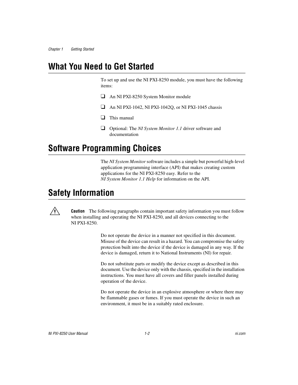 What you need to get started, Software programming choices, Safety information | National Instruments Module NI PXI-8250 User Manual | Page 9 / 39