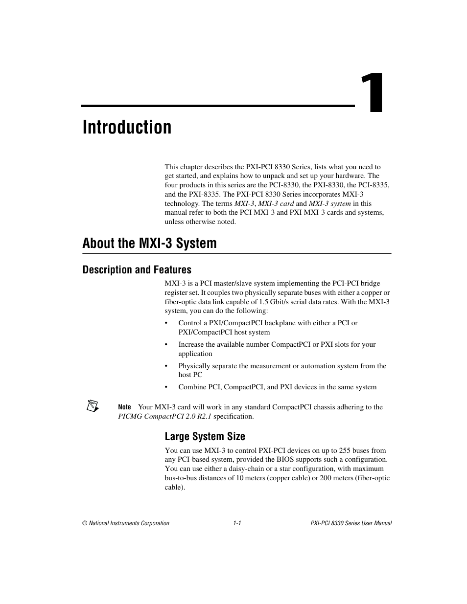 Chapter 1 introduction, About the mxi-3 system, Description and features | Large system size, About the mxi-3 system -1, Description and features -1, Large system size -1, Introduction | National Instruments 8330 Series User Manual | Page 10 / 30