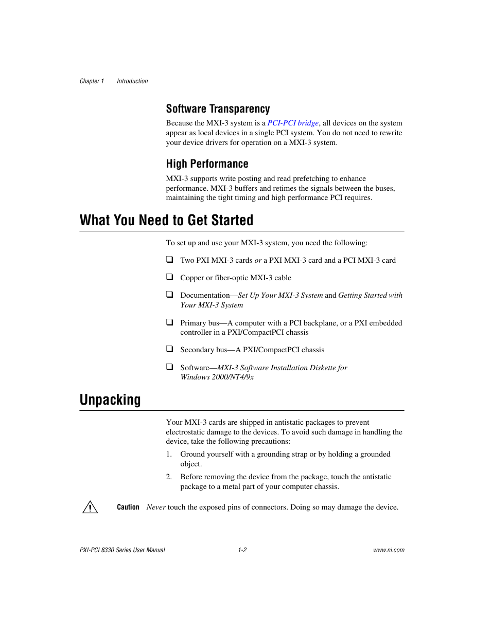 Software transparency, High performance, What you need to get started | Unpacking, Software transparency -2 high performance -2, What you need to get started -2 unpacking -2 | National Instruments 8330 Series User Manual | Page 11 / 30