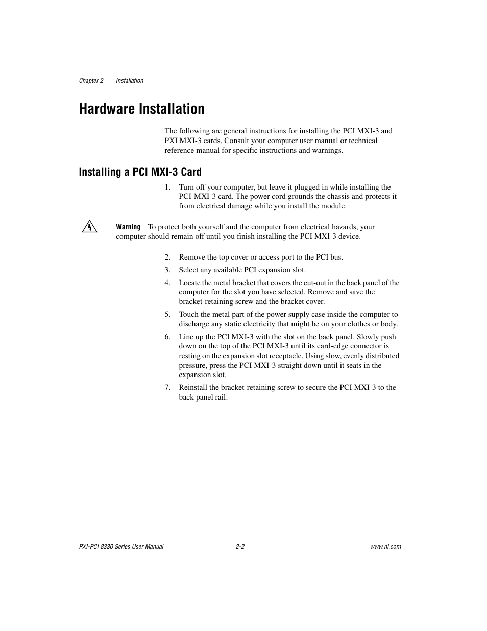 Hardware installation, Installing a pci mxi-3 card, Hardware installation -2 | Installing a pci mxi-3 card -2 | National Instruments 8330 Series User Manual | Page 13 / 30