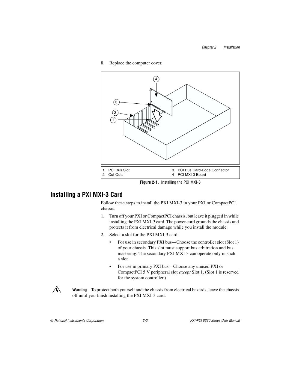 Installing a pxi mxi-3 card, Figure 2-1. installing the pci mxi-3, Installing a pxi mxi-3 card -3 | Figure 2-1, Installing the pci mxi-3 -3 | National Instruments 8330 Series User Manual | Page 14 / 30