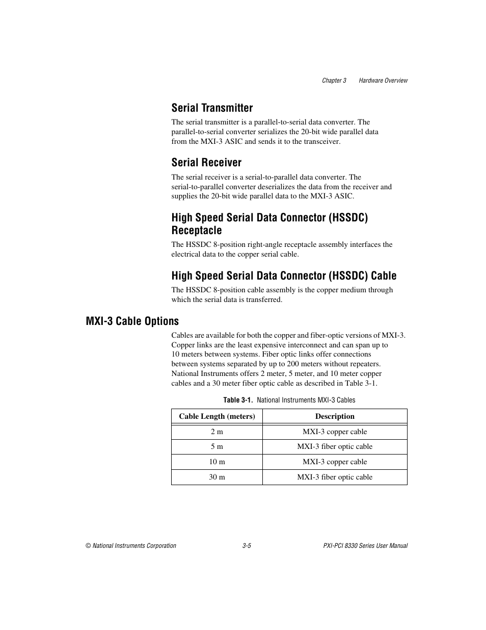 Serial transmitter, Serial receiver, High speed serial data connector (hssdc) cable | Mxi-3 cable options, Table 3-1. national instruments mxi-3 cables, Mxi-3 cable options -5, Table 3-1, National instruments mxi-3 cables -5 | National Instruments 8330 Series User Manual | Page 21 / 30