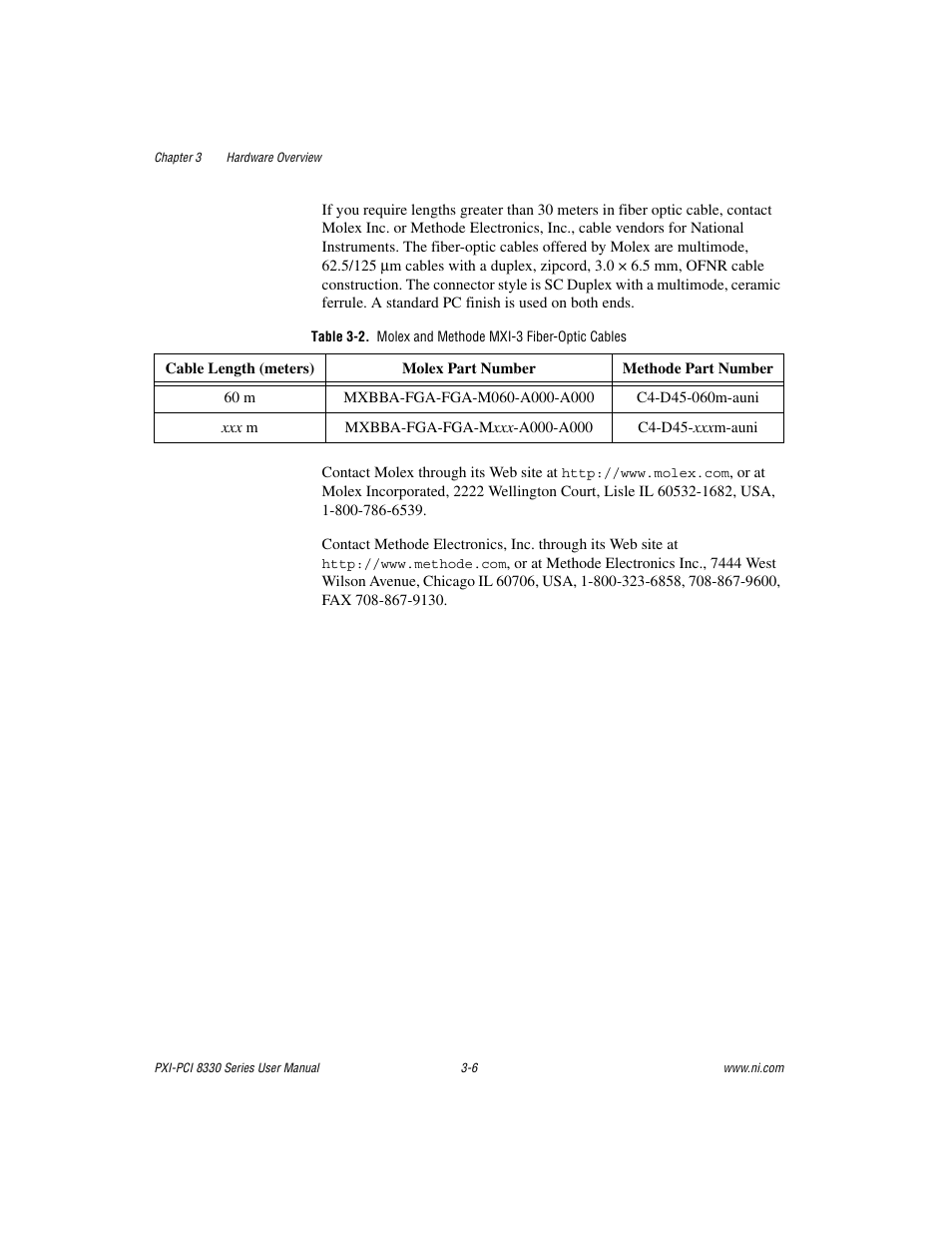 Table 3-2, Molex and methode mxi-3 fiber-optic cables -6 | National Instruments 8330 Series User Manual | Page 22 / 30