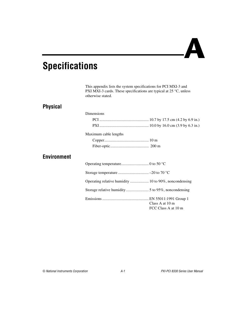 Appendix a specifications, Specifications | National Instruments 8330 Series User Manual | Page 23 / 30