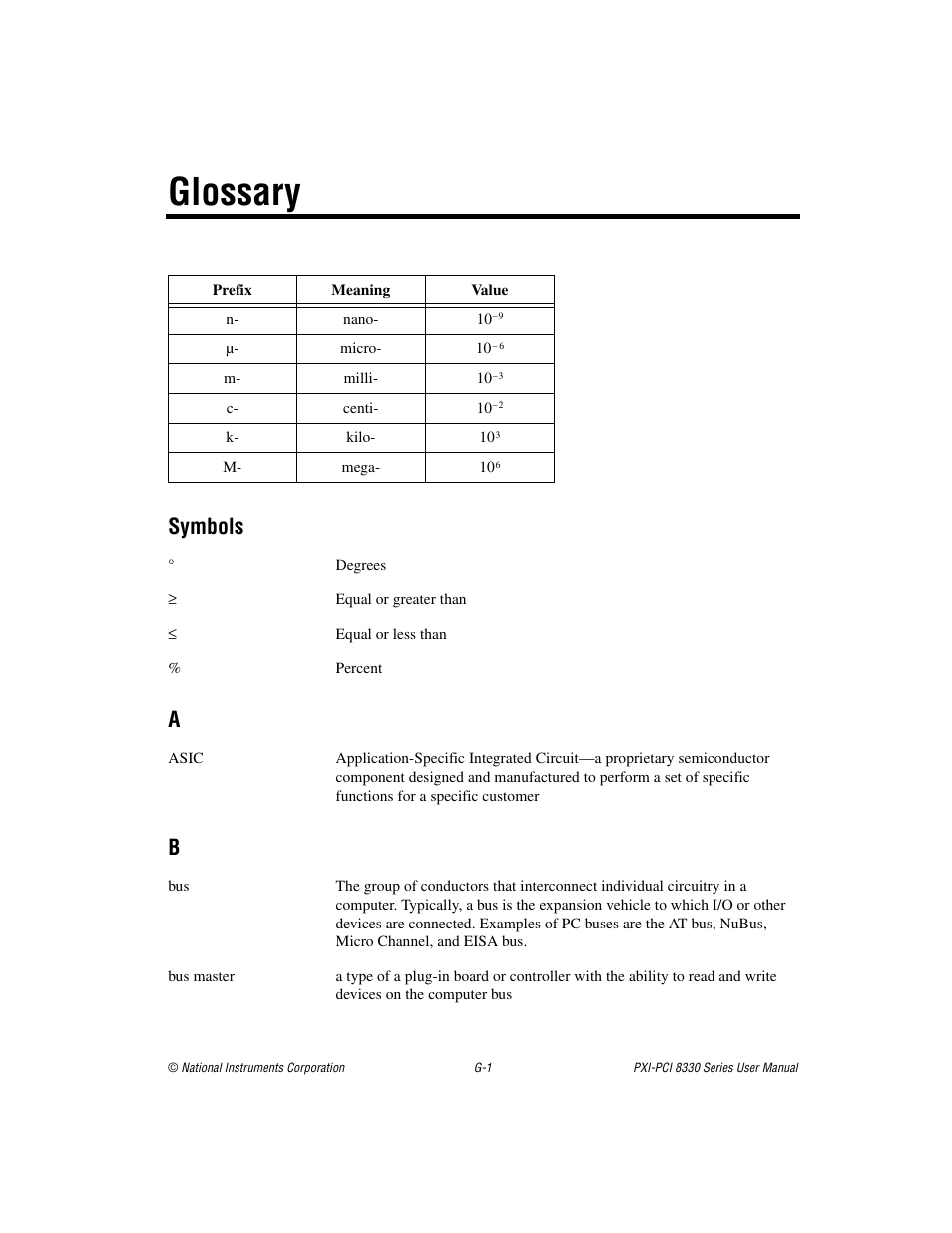 Glossary, Symbols | National Instruments 8330 Series User Manual | Page 26 / 30