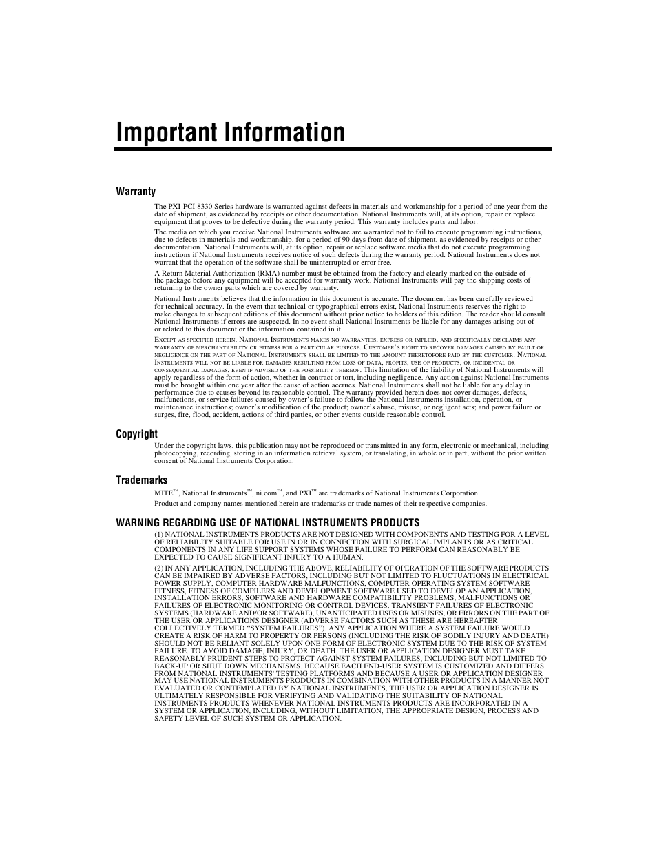 Important information, Warranty, Copyright | Trademarks | National Instruments 8330 Series User Manual | Page 3 / 30