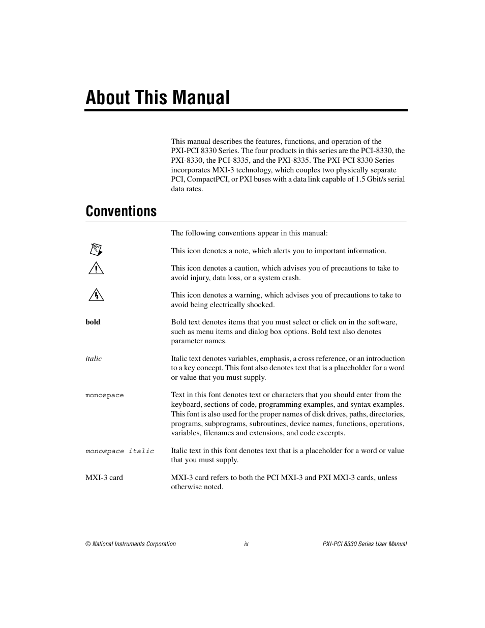 About this manual, Conventions | National Instruments 8330 Series User Manual | Page 8 / 30