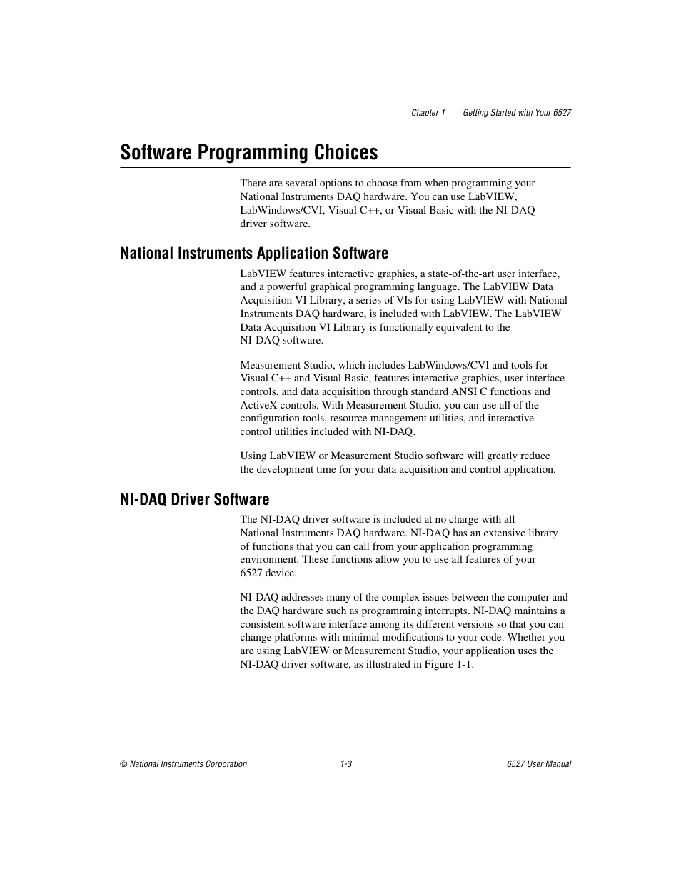 Software programming choices, National instruments application software, Nidaq driver software | Software programming choices -3, Ni-daq driver software | National Instruments 6527 User Manual | Page 10 / 47
