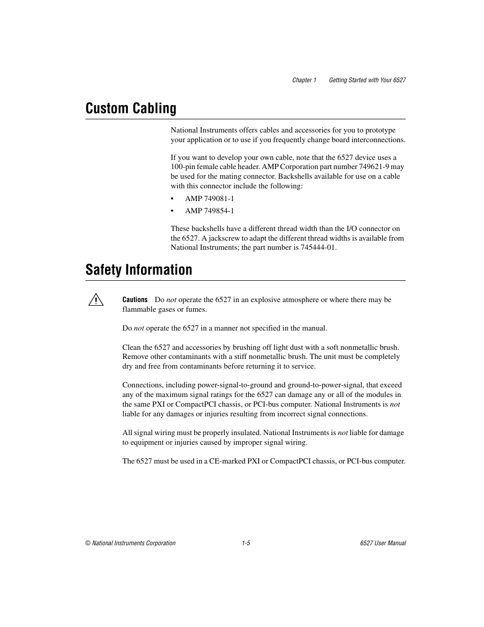Custom cabling, Safety information, Custom cabling -5 safety information -5 | National Instruments 6527 User Manual | Page 12 / 47