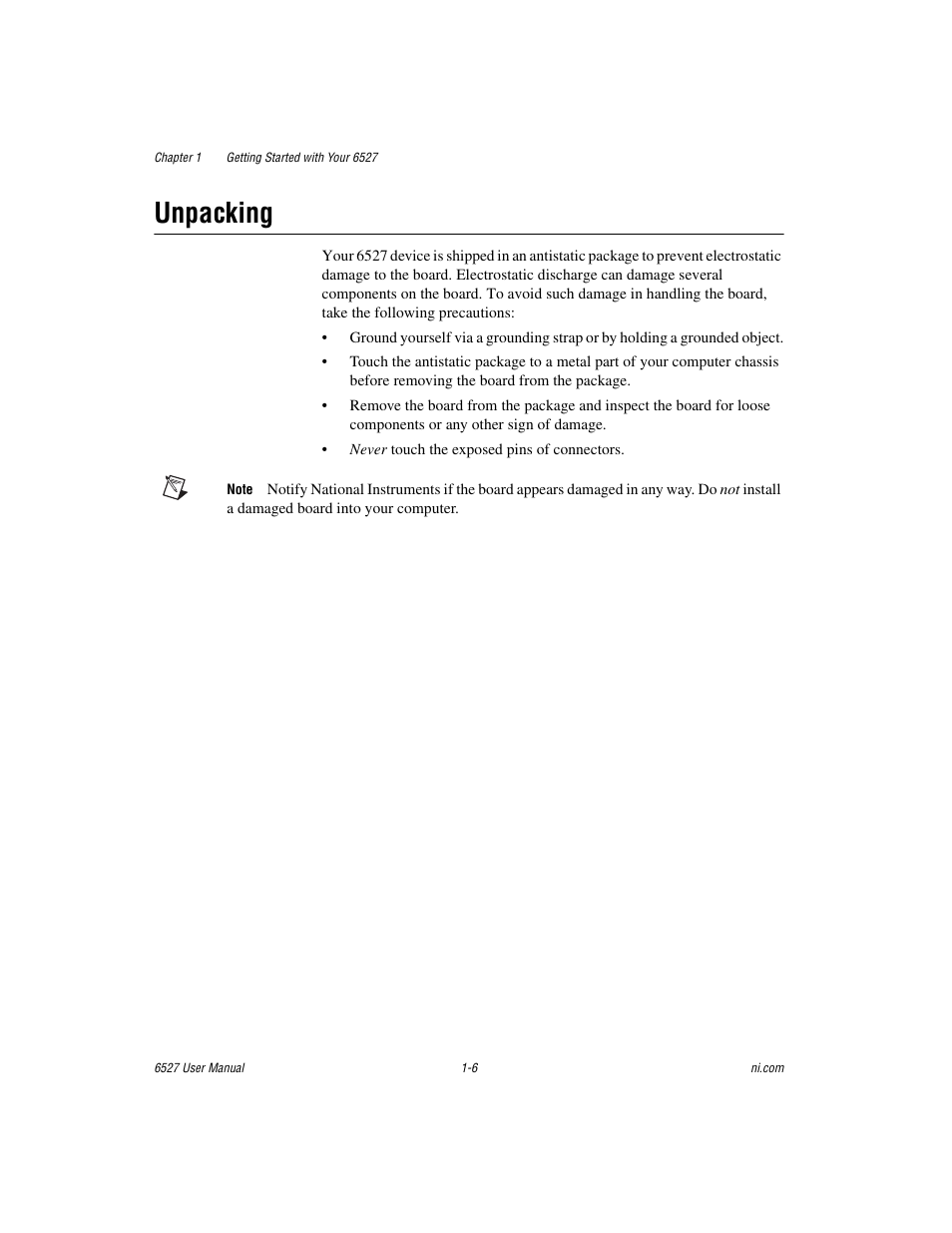 Unpacking, Unpacking -6 | National Instruments 6527 User Manual | Page 13 / 47