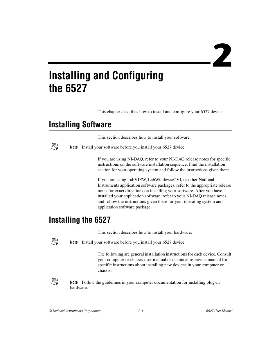 Chapter 2 installing and configuring the 6527, Installing software, Installing the 6527 | Installing software -1 installing the 6527 -1, Installing and configuring the 6527 | National Instruments 6527 User Manual | Page 14 / 47