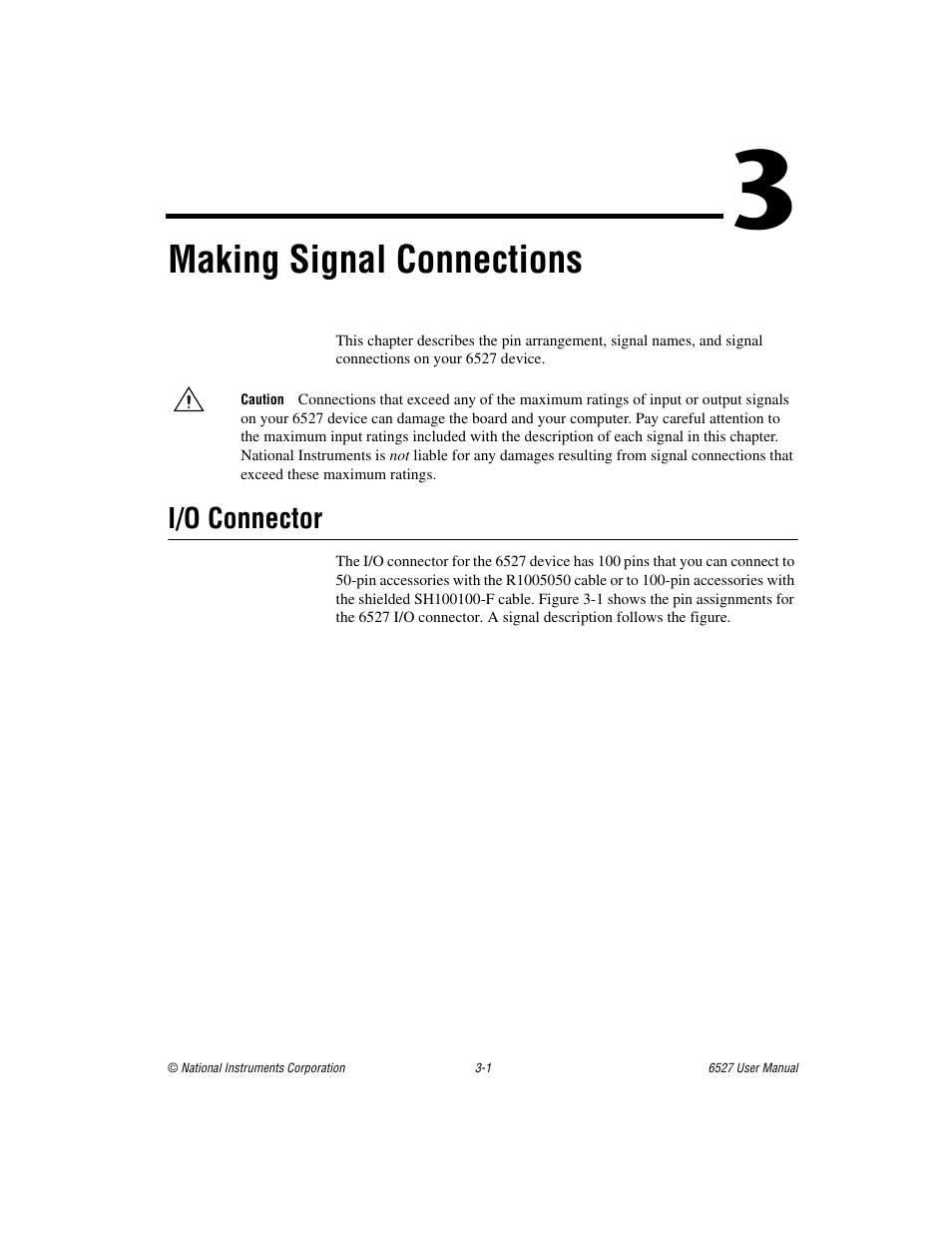 Chapter 3 making signal connections, I/o connector, I/o connector -1 | Making signal connections | National Instruments 6527 User Manual | Page 17 / 47